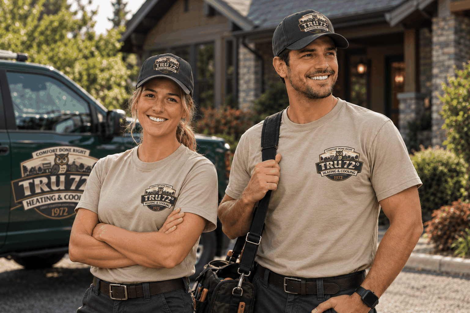 Two Tru72 technicians in uniform outside a home, with a Tru72 service truck behind them