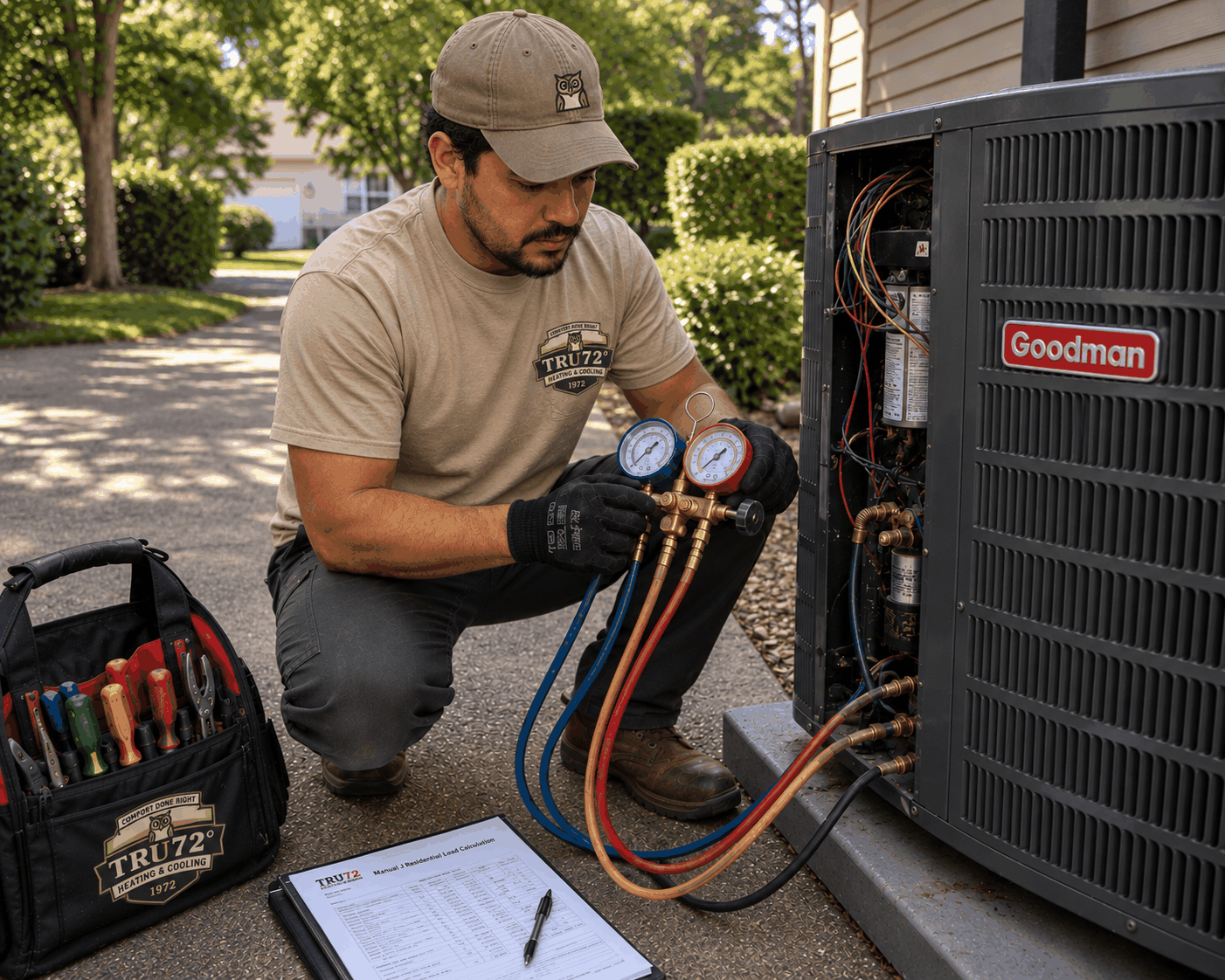 Tru72 technician taking refrigerant readings at an outdoor heat pump at a Portland-area home, with a Manual J load calculation on the clipboard