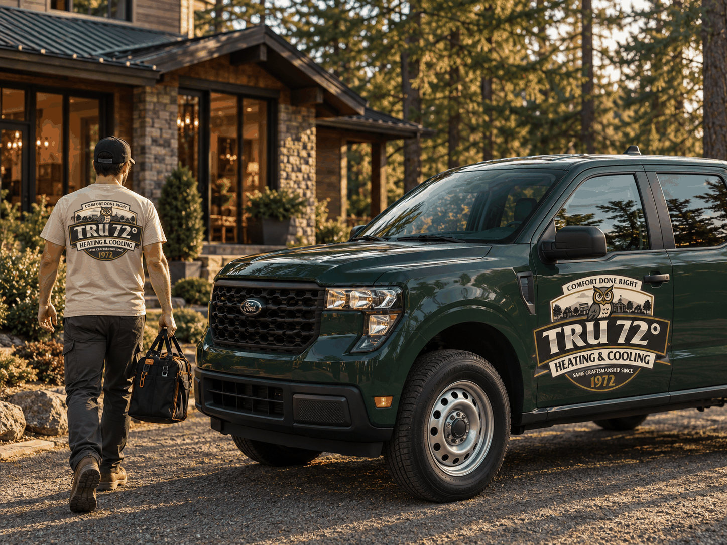 Tru72 technician walking to a Tru72 service truck outside a Pacific Northwest home in the Portland metro.